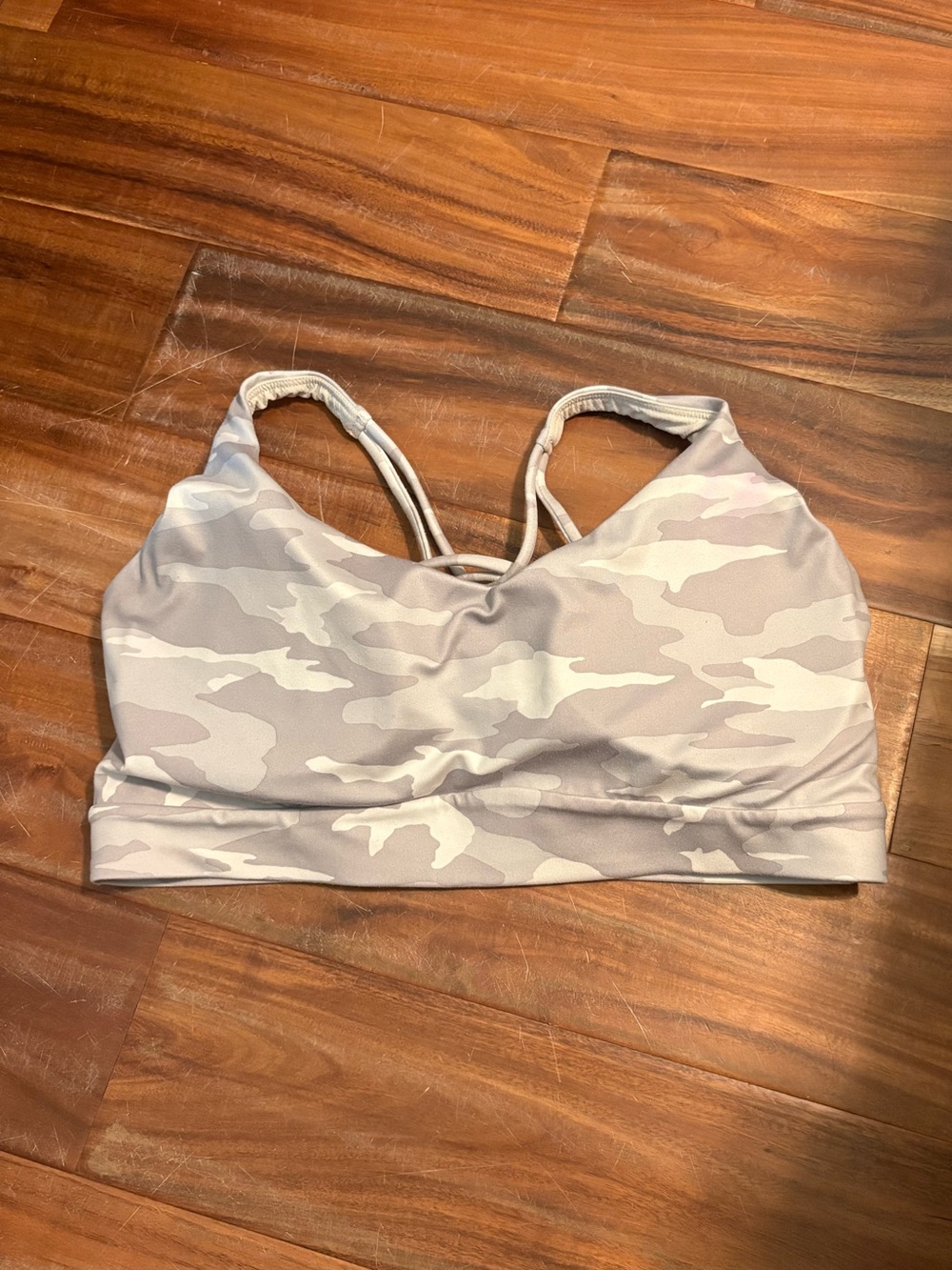 Athleta Gray Camo Longline Sports Bra Strappy Back Medium Support‎ (1323)
